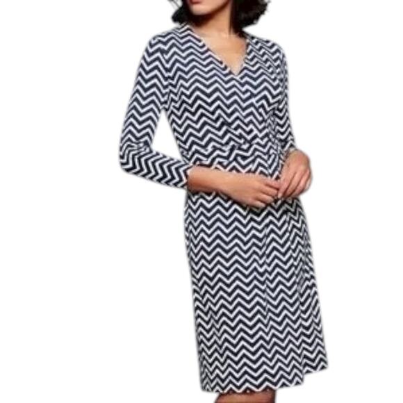 Talbots Blue And  White Chevron Wrap Bodice Dress Size Medium - Picture 1 of 7